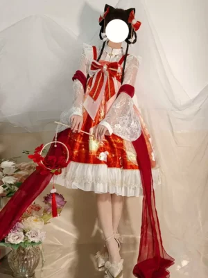 Sweet Lolita red dress three-quarter length view showing silhouette lace trumpet sleeve details and layered ruffles worn indoors with flower arrangement styling