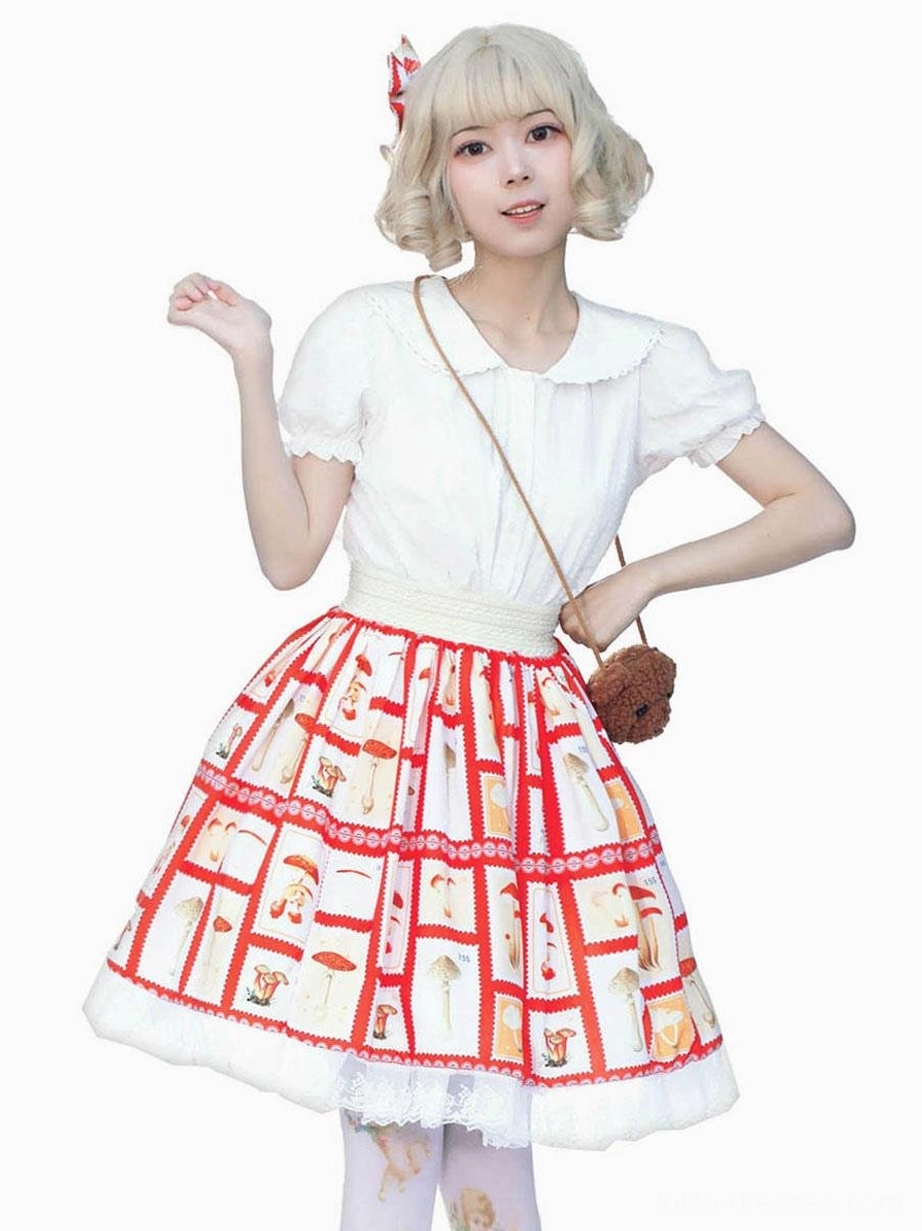 Red and white floral print Lolita skirt worn with doll collar blouse hand on hip pose front view