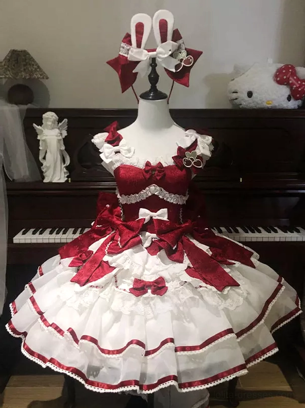 Sweet lolita dress red white with matching rabbit ear hairband on mannequin ruffle lace bows