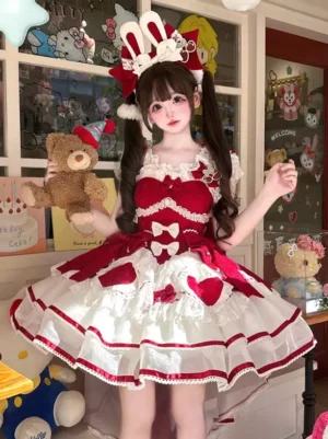Sweet lolita red and white pinafore dress front view with twin-tail hairstyle heart bow lace ruffles