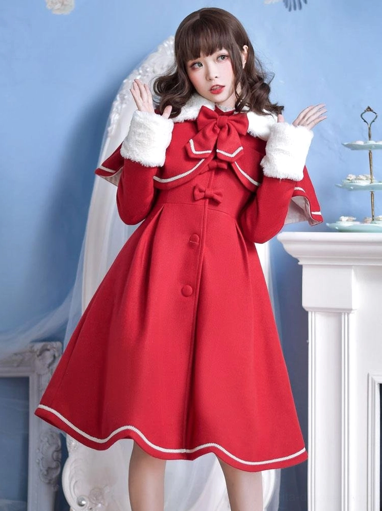 red wool sweet lolita winter overcoat with detachable cape white fur collar trim bow accents scalloped hem front full-body shot