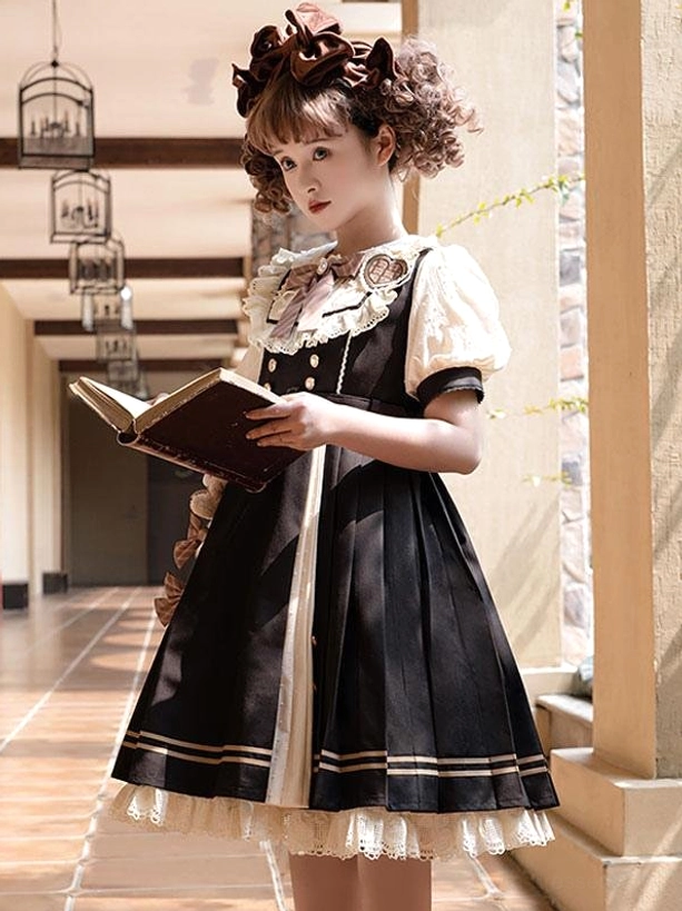 Sweet Lolita short sleeve dress worn with curly bow hair accessory and classic bow brooch in bright vintage hallway setting