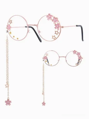 Pair of sweet lolita round frame glasses with rose gold metal frames, pink sakura flower decorations, star charms, and matching chain pendants displayed in flat lay on white background