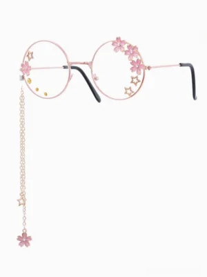 Single sweet lolita decorative round frame glasses with rose gold finish, pink floral and star accents, metal chain with coordinating flower and star pendant charm, left side perspective