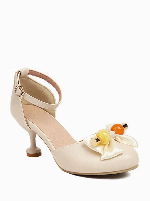 Ecru white Sweet Lolita round-toe sandals side and rear three-quarter view showing smooth PU leather upper, kitten heel, ankle strap buckle, and bow bead decoration