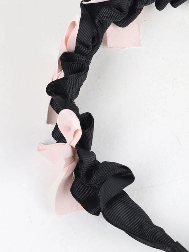Sweet lolita ruched satin bow headband close-up side detail view showing texture and pink bow embellishments