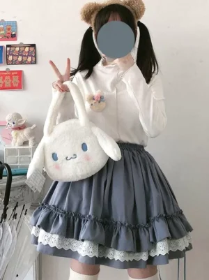 Gray-blue ruffled sweet lolita skirt full-body front view model wearing elastic waist lace-trimmed double-layered ruffle hem cute girly bedroom aesthetic
