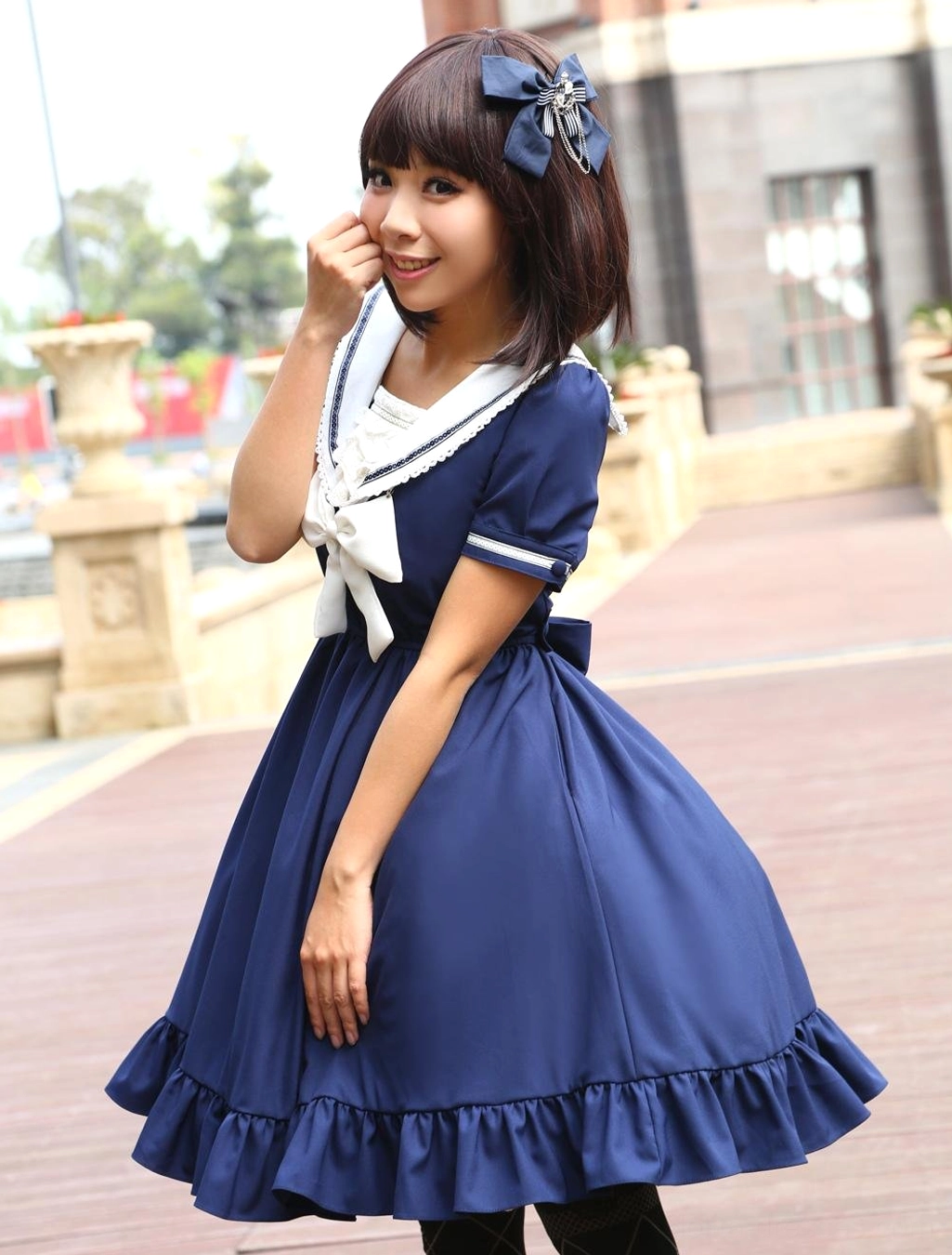 Sweet lolita sailor dress full length profile, proportions and movement of chiffon fabric and ruffles