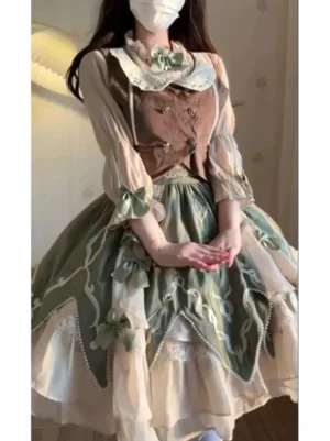 Three-quarter front view of sweet lolita fairy dress set displaying the brown velvet waistcoat with decorative metal button details, cream ruffled blouse sleeves, and layered embroidered green skirt, model wearing complete pastoral-themed lolita ensemble
