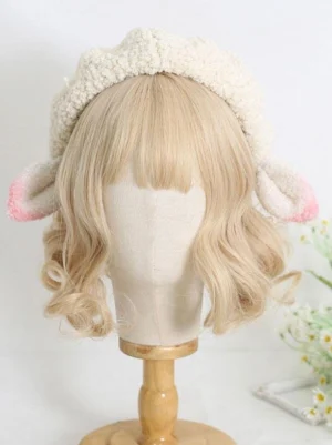 Front view of adorable off-white sheep ears lolita beret with pink gradient tips on blonde wig mannequin, sweet lolita fashion headwear with ruffled brim detail and cute daisy decoration
