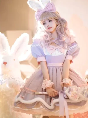 Lavender sweet lolita short-sleeve dress with ruffled tiered skirt, puffed sleeves, and front bow detail, worn by blonde model with bunny ear headband