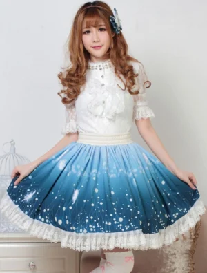 Deep blue ombre star bubble sweet lolita SK skirt front view with scalloped white lace hem and gradient printed fabric design