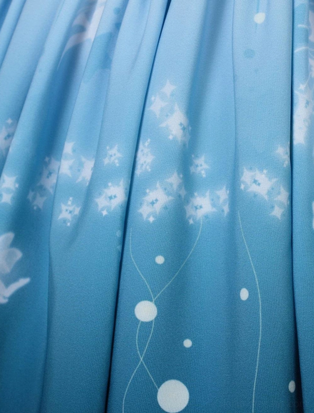 Detailed view of sweet lolita SK skirt printed fabric featuring light to dark blue ombre gradient with star and bubble motif pattern