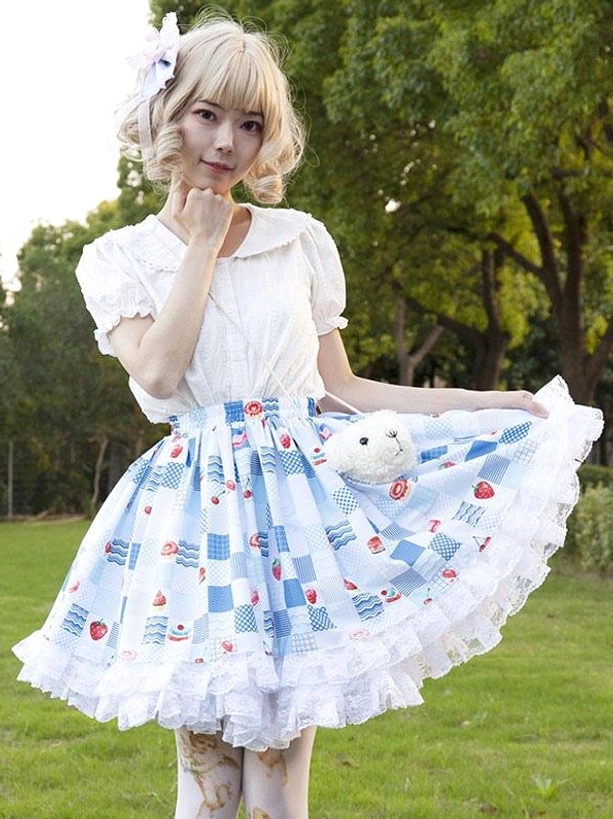 Sweet lolita SK skirt front medium shot doll collar blouse light blue check fruit prints fluffy white ruffled hem plush bear bag outdoor