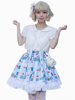 Sweet lolita SK skirt full body front shot on white background blonde model with hair flower white puff sleeve blouse fluffy bear crossbody bag