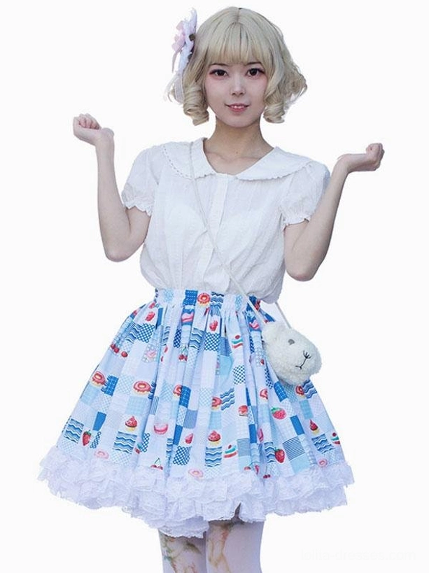 Sweet lolita SK skirt full body front shot on white background blonde model with hair flower white puff sleeve blouse fluffy bear crossbody bag