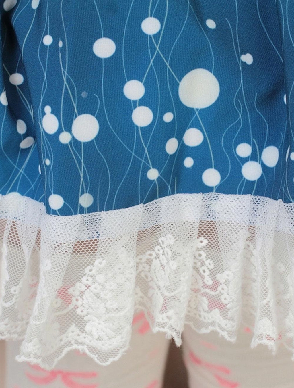 Close-up of sweet lolita SK skirt scalloped white lace trim hem with vine-bubble printed design and fabric detail