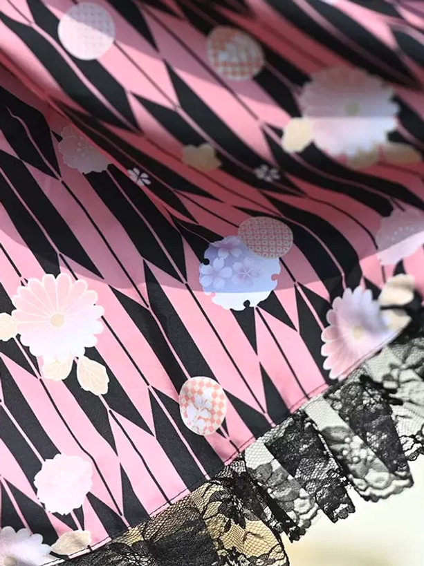 Sweet lolita skirt fabric close-up geometric stripe base floral circular print pattern black lace trim
