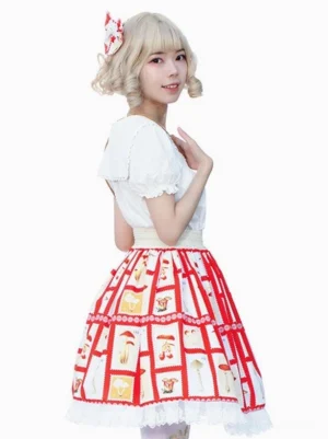 Red white pastoral Lolita skirt back view showing high waist silhouette and overskirt component on model