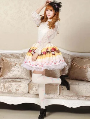 Lolita short skirt full body side profile view with candy strawberry print paired with white lace blouse thigh-high socks Mary Jane heels