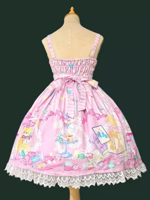 Sweet lolita dress back view showing shirred bodice construction, elegant back bow sash, matching lace hem detail, and pastel cartoon print on dress form
