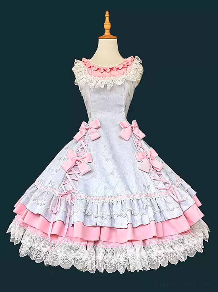 Sweet lolita dress featuring sleeveless design with double-layered lace-trimmed hem and multiple waist bows, front view on mannequin showing full silhouette