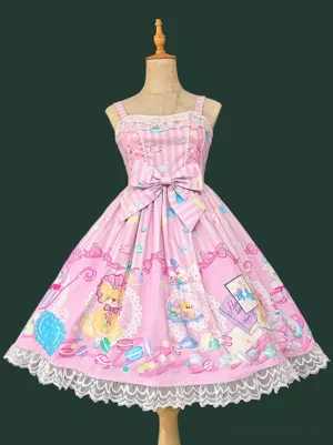 Sweet lolita sleeveless dress front view with pink striped bodice, oversized front bow, lace ruffled hem, and whimsical cartoon dessert print displayed on dress form