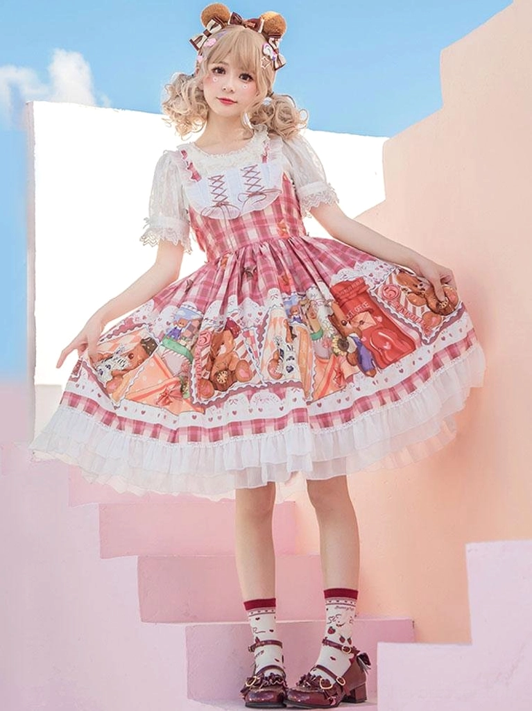 Sweet lolita dress three quarter side view on pink stairs showing full pleated skirt printed design and white lace detailing
