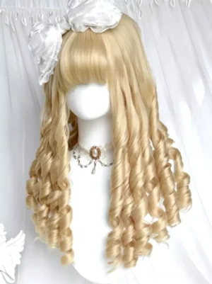 Sweet lolita spiral curls wig in light golden blonde with white blunt bangs and decorative white hair bow front view