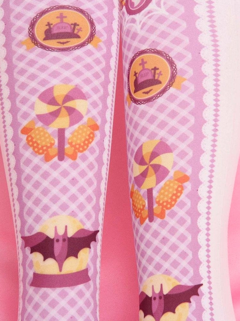 Close-up detailed view of Sweet Lolita stockings showing intricate white lattice texture with adorable spooky motifs like tombstones bats and lollipops on light purple base