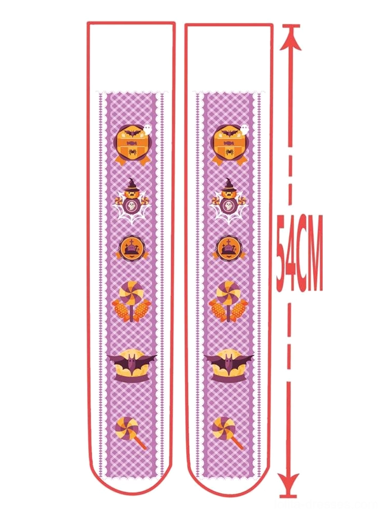 Sweet Lolita pink velvet thigh-high stockings size specification diagram showing total length 54cm measurement and consistent printed pattern layout