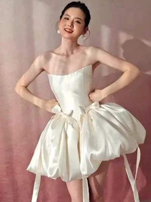 Sweet lolita strapless satin bubble dress ecru white full front view with sweetheart neckline and flowing ribbon bows