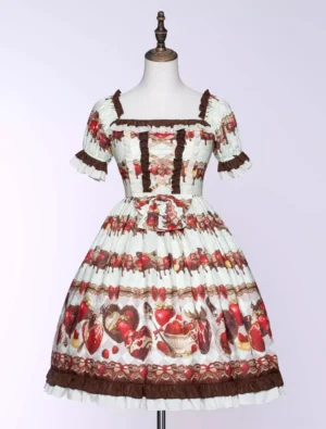 Sweet lolita strawberry chocolate cake print dress front view with square neckline and puff sleeves
