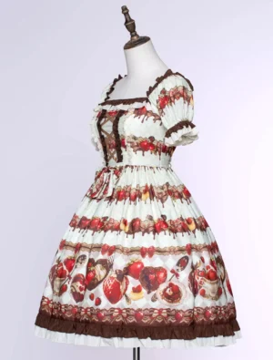 High waisted sweet lolita dress with gathered bodice and strawberry chocolate print side view