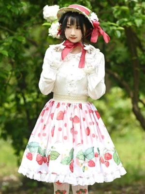sweet lolita coordinate outfit strawberry print skirt red necktie flower straw hat white ruffled blouse