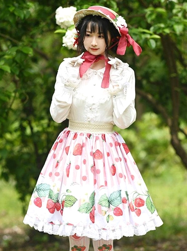 sweet lolita coordinate outfit strawberry print skirt red necktie flower straw hat white ruffled blouse