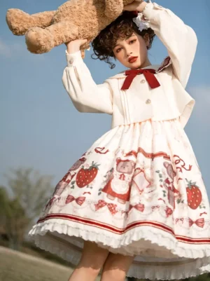 Sweet lolita dress with matching coat low angle sunny field burgundy collar bow teddy bear companion