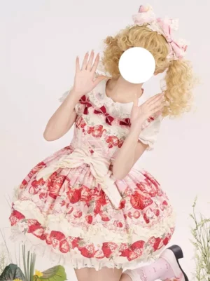 Sweet lolita strawberry print dress half-body front shot white waist bow red bows cream ruffled hem twin tail blonde wig