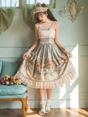 Sweet lolita jumper skirt with sunflower floral print and lace-up corset waist, sleeveless square neckline design featuring tiered ruffles and lace hem detail, full front view