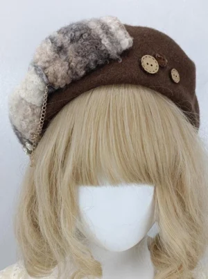 Sweet Lolita taupe wool beret with gray-brown plaid bow, wooden buttons and decorative chain charm, front three-quarter view on mannequin