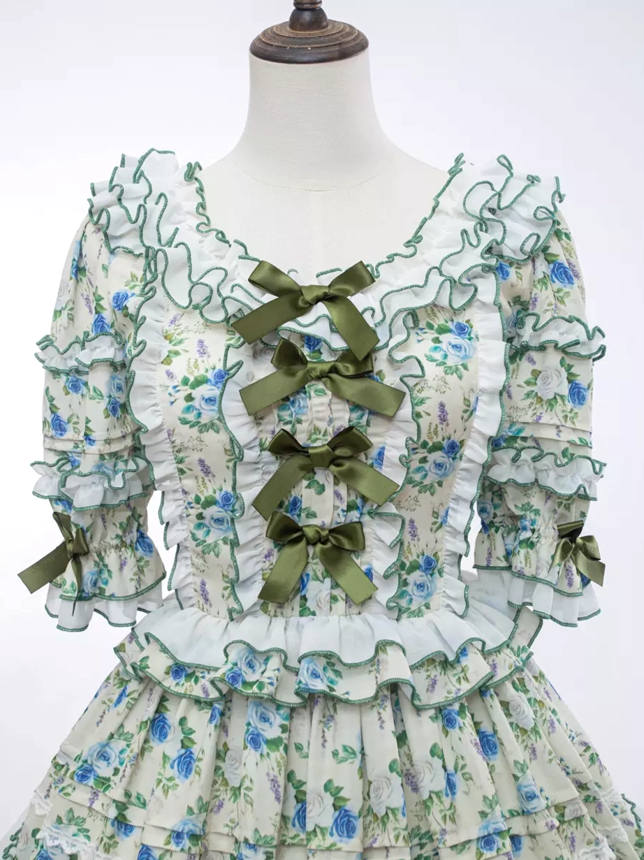 Sweet lolita tea party dress tiered ruffles square collar elegant structured silhouette floral print detail
