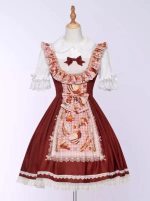 Sweet lolita tea party JSK dress full front view showing red floral print bread apron panel asymmetrical design white ruffled Peter Pan collar red front bow romantic fairy tale aesthetic