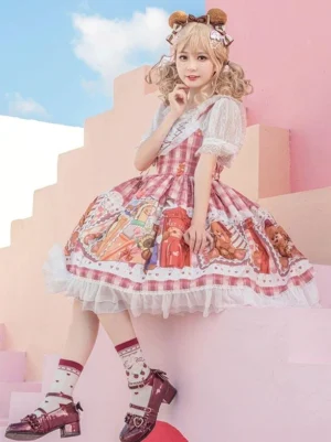 Sweet lolita sleeveless dress with teddy bear print gingham pattern worn on pink outdoor stairs with blonde model in bear hair clips showing front perspective view