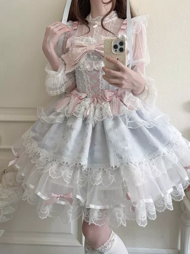 Sweet lolita tiered lace JSK dress spaghetti strap front view selfie pink light blue bow details
