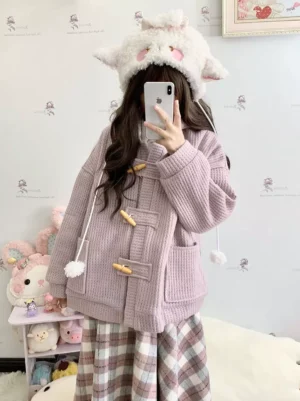 light purple waffle knit lolita toggle coat with horn buttons worn with plaid midi skirt and lamb plush ear hat front mirror selfie view