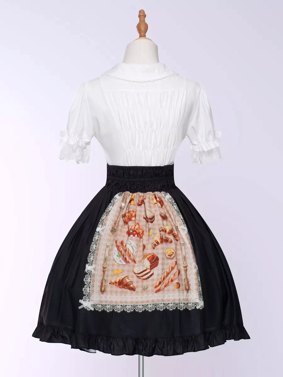Lolita two-piece outfit rear view showing ruffled short-sleeve shirt lace-trimmed bakery apron centered on black A-line skirt