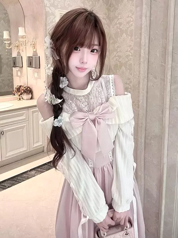 Sweet lolita two-piece dress set three-quarter front view showcasing ruffled trim and ruched long sleeves