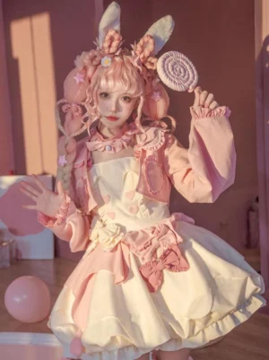 Sweet Lolita dress set eye-level front view model holding lollipop prop showing big front bow and ruffled bolero jsk combination