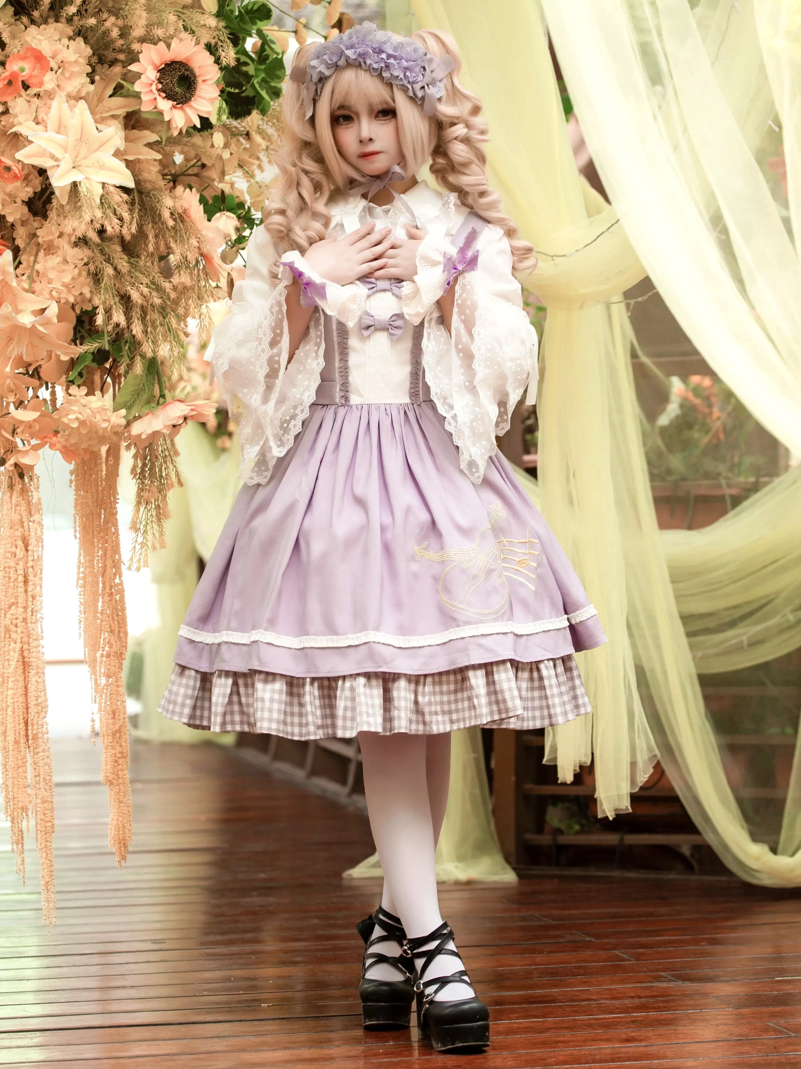 Sweet lolita purple violin dress full front view with white lace blouse platform Mary Jane shoes and white stockings