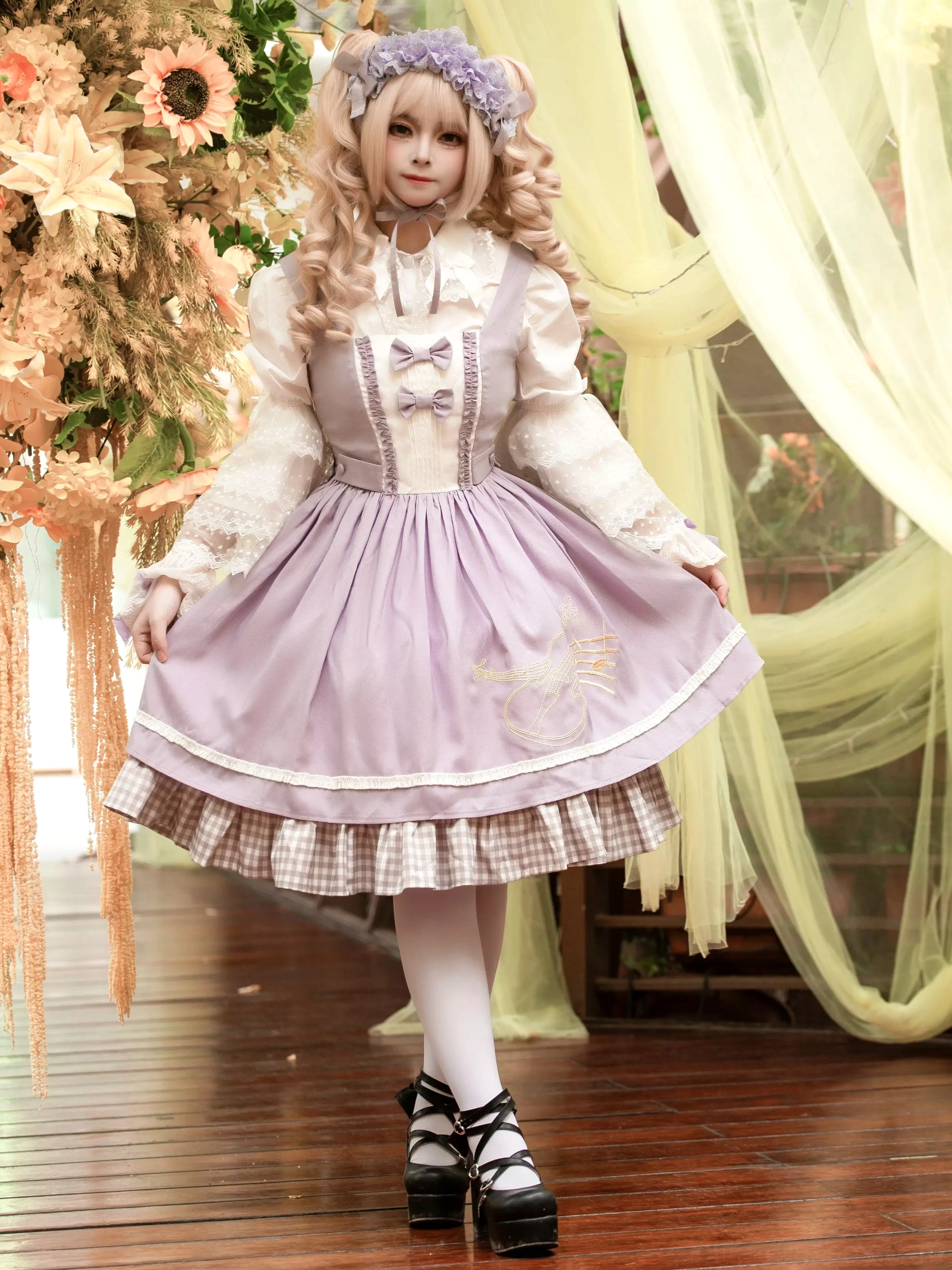 Purple violin lolita dress outfit full front view with doll collar blouse black platform shoes and gingham hem detail